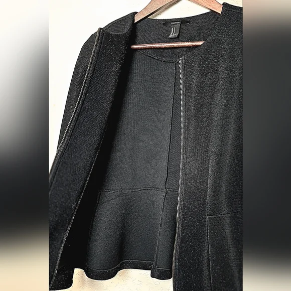 Forever 21 Dressy Black Shimmer Peplum Hem Scuba Sparkle Jacket - Size Medium - Picture 10 of 12